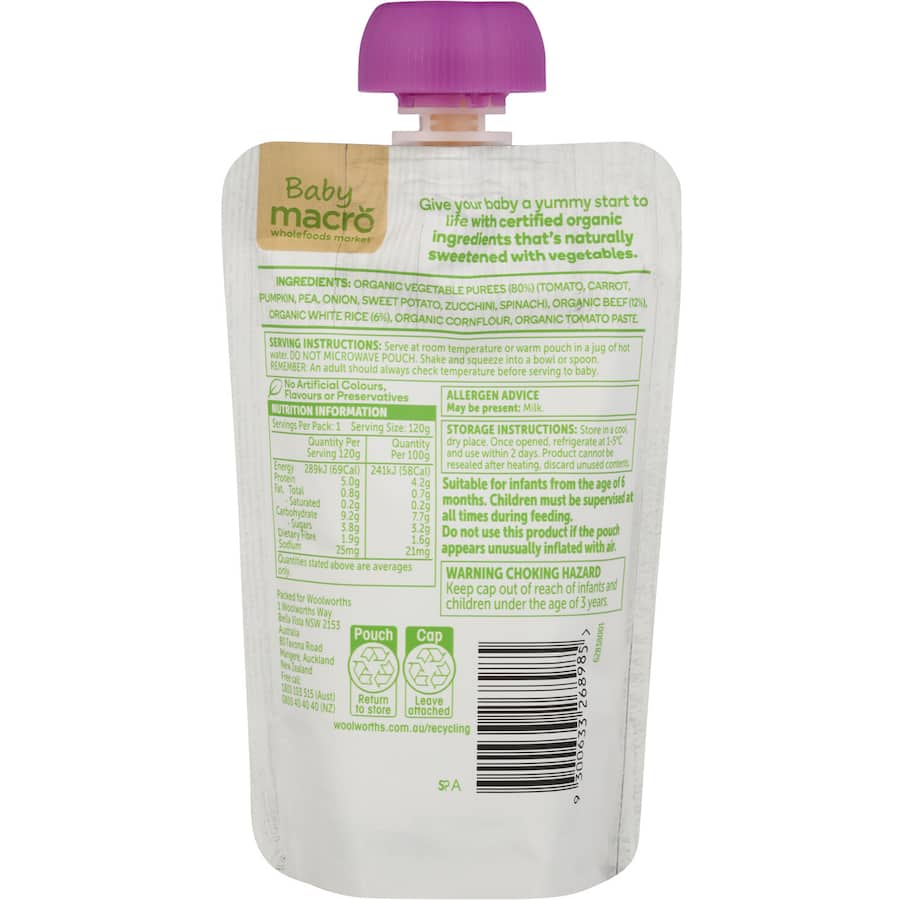 Macro Organic Baby Food for 6+ months features beef, vegetables, and rice in a nutritious puree for growing babies.