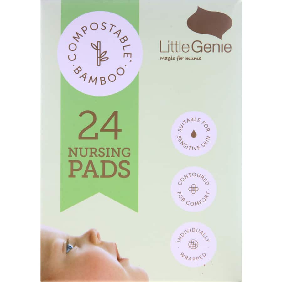 Compostable bamboo nursing pads, soft, contoured, with adhesive tabs for a secure fit during breastfeeding.
