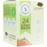 Compostable bamboo nursing pads designed for comfort, with a gentle feel and secure adhesive tabs for breastfeeding moms.