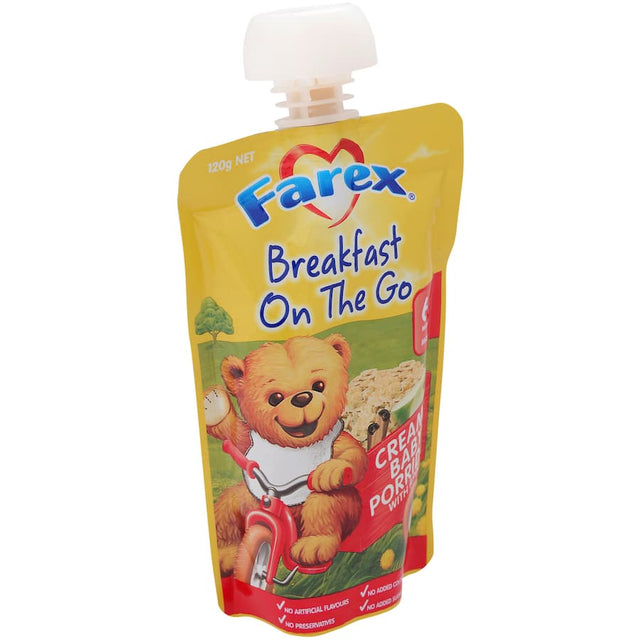 Farex Creamy Apple Porridge in a portable pouch, perfect nutritious breakfast for babies 6+ months, made with oats and apple juice.