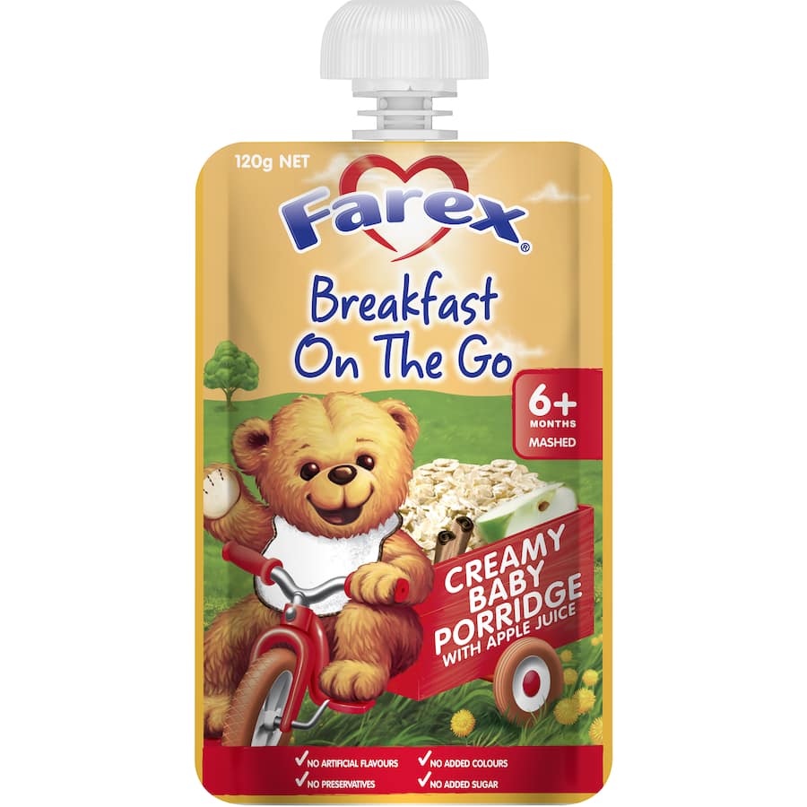 Creamy apple porridge for babies 6 months+, made with oats, apple juice, and milk, convenient pouch for easy serving.