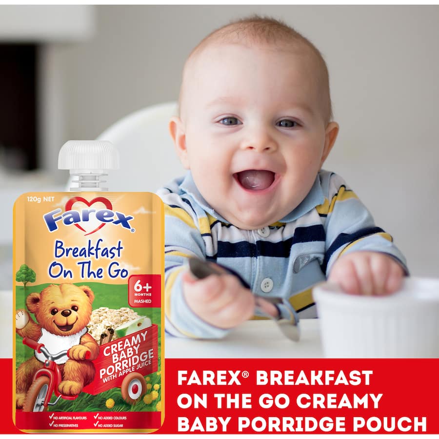Farex Breakfast on the Go Creamy Apple Porridge in a portable pouch, perfect for nutritious, no-added-sugar baby meals.