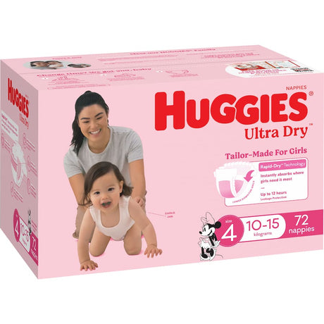 Huggies Ultra Dry Nappies for girls in Size 4, featuring soft waistband, targeted absorbency, and Minnie Mouse designs.