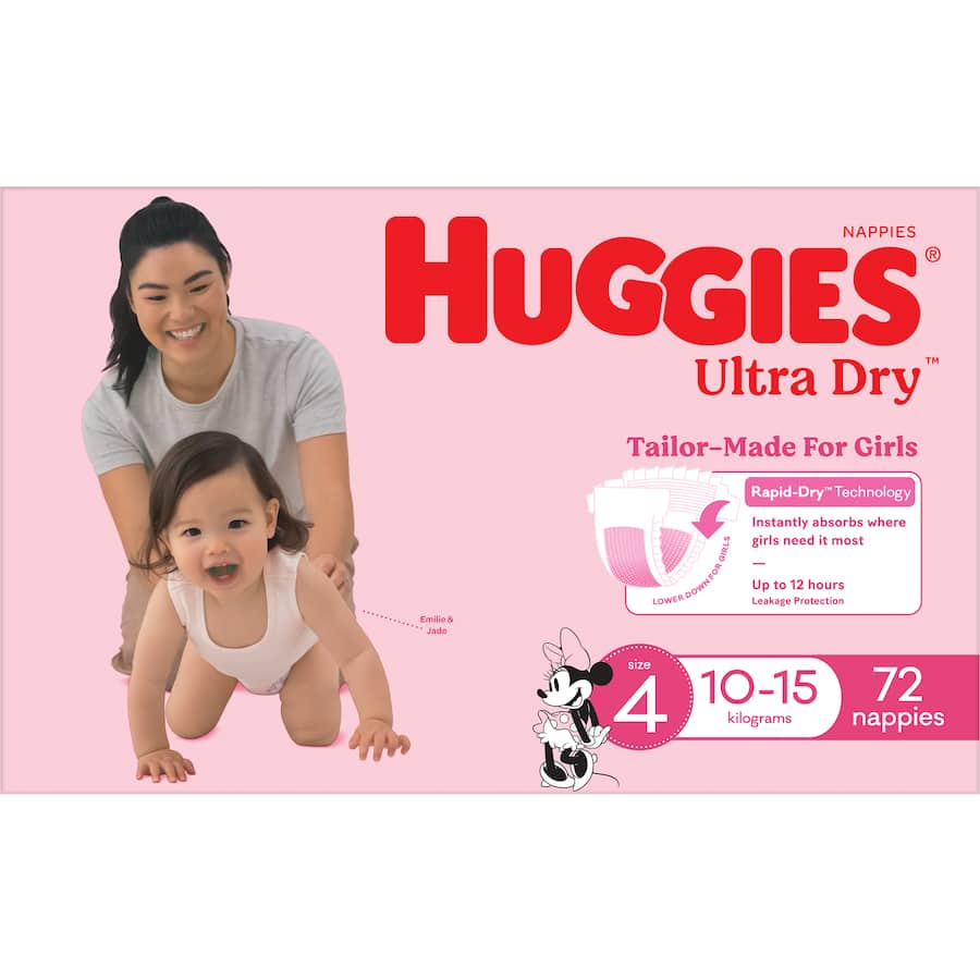 Huggies Ultra Dry Nappies for girls, Size 4, ensuring comfort, dryness, and targeted protection with fun Minnie Mouse designs.