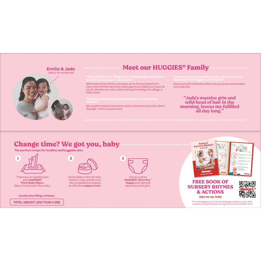 Huggies Ultra Dry Nappies for girls Size 4 feature a soft, stretchy fit, targeted absorbency, and a fun Minnie Mouse design.