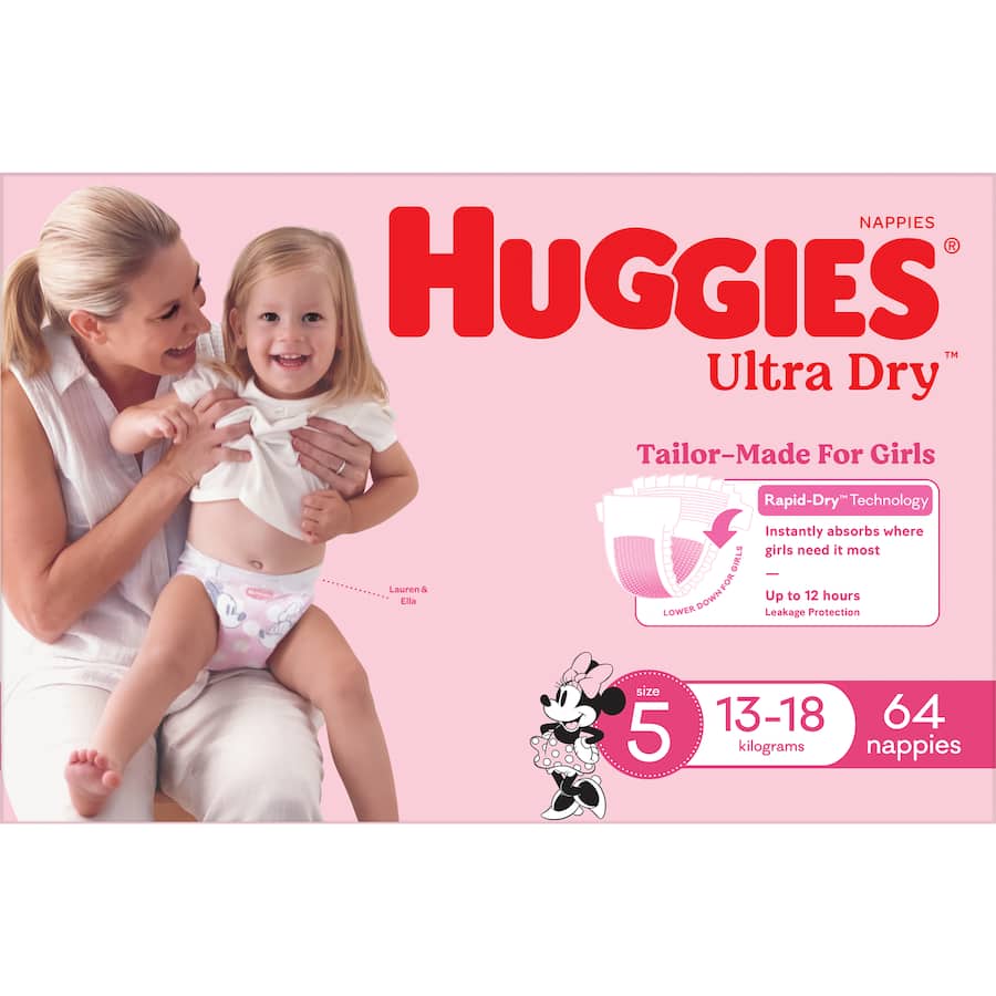 Huggies Ultra Dry Nappies Girls Size 5 (13-18kg) Jumbo pack 64pack