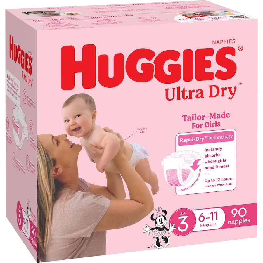Huggies Ultra Dry Nappies Girls Size 3 (6-11kg) Jumbo pack 90pack