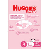Huggies Ultra Dry Nappies Girls Size 3 (6-11kg) Jumbo pack 90pack