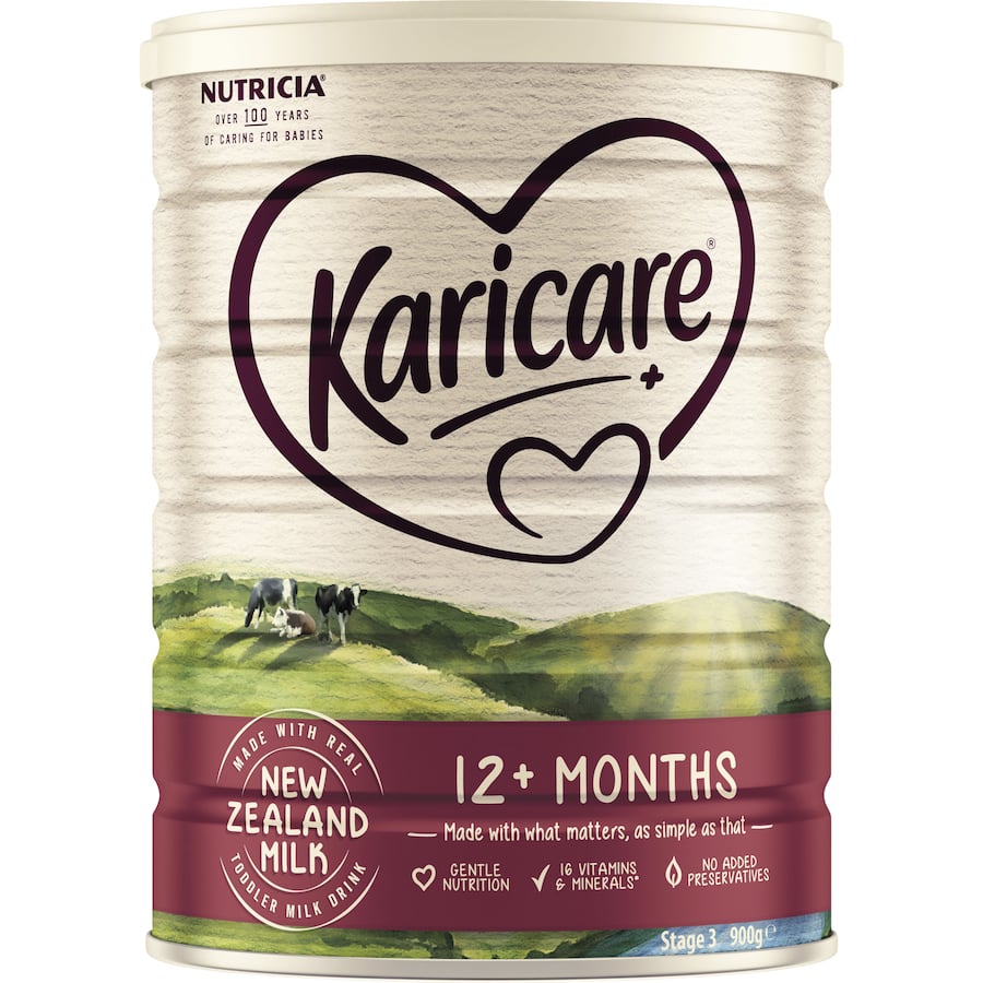 Nutritious Karicare 3 Toddler Milk Drink for ages 12+ months, enriched with iron, vitamins, and Omega-3 DHA for healthy growth.