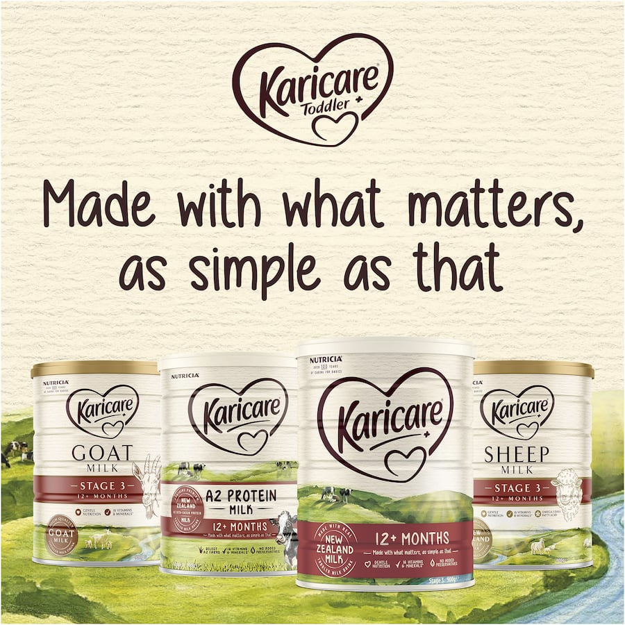 Karicare 3 Toddler Milk Drink, enriched with iron and DHA, supports growth with 16 essential vitamins for toddlers 12+ months.