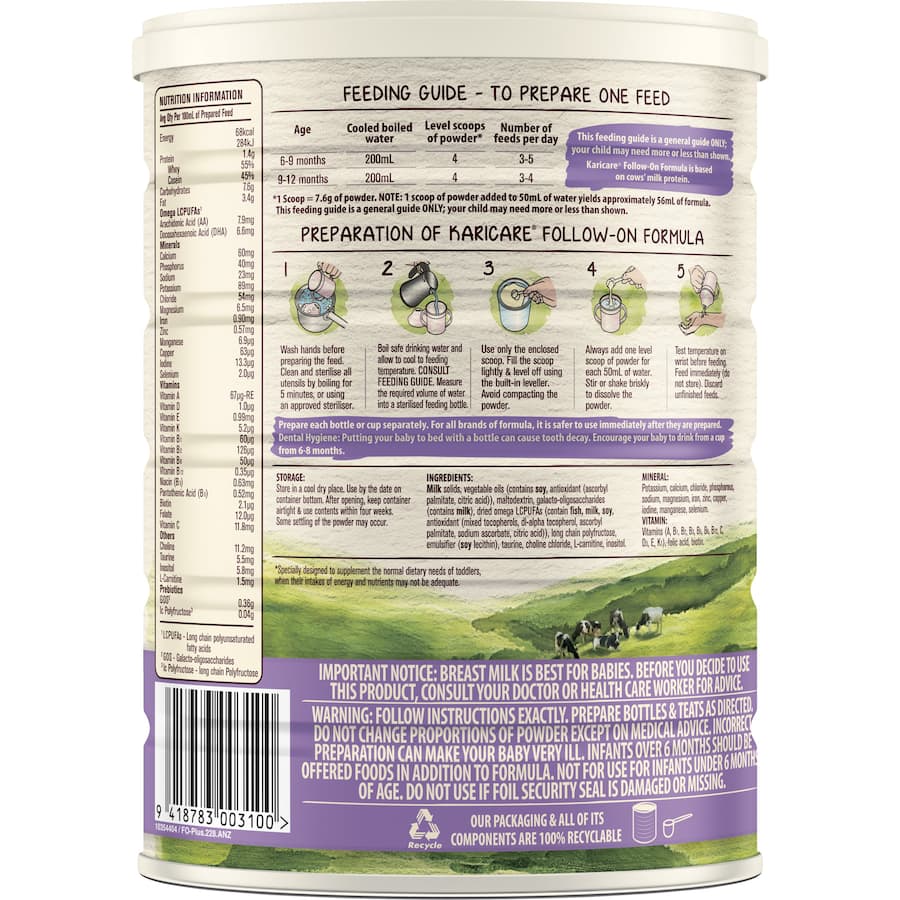 Karicare 2 Baby Follow-on Formula for 6-12 months, enriched with DHA, ARA, vitamins, and prebiotics for healthy growth.