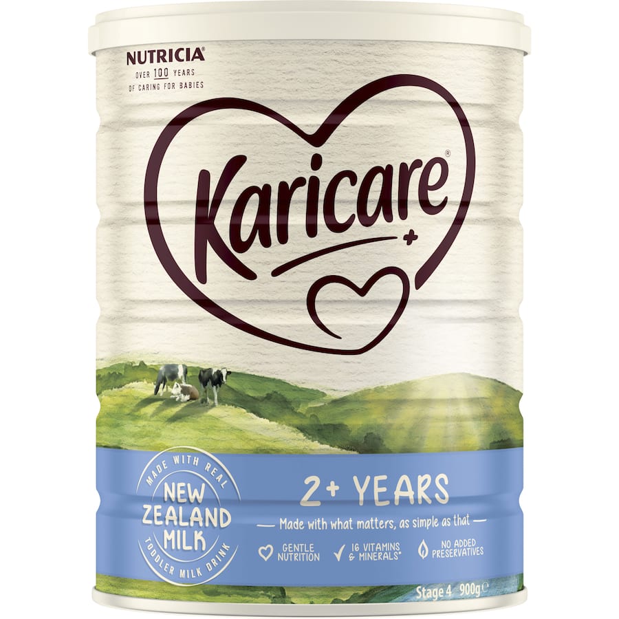 Karicare 4 Toddler Milk Drink for ages 2+, enriched with essential nutrients for growth and development, made from New Zealand milk.