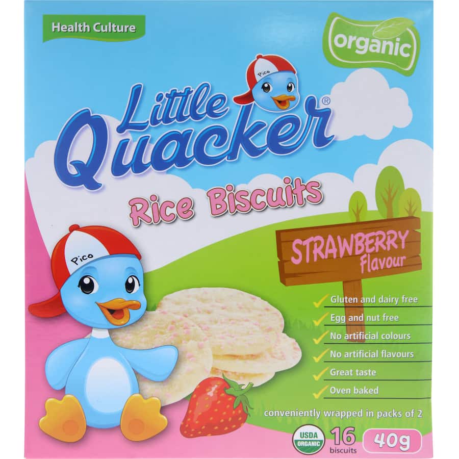 Organic toddler biscuits in strawberry flavor, gluten-free, nut-free, and made with high-quality rice for healthy snacking.