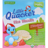Organic toddler biscuits in strawberry flavor, gluten-free, nut-free, and made with high-quality rice for healthy snacking.