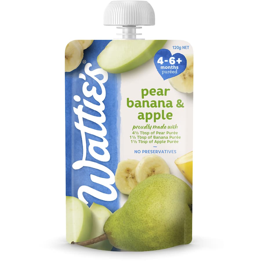 Wattie's Baby Food pure fruit purée with pear, banana, and apple for babies 4-6+ months, free from preservatives and added sugars.