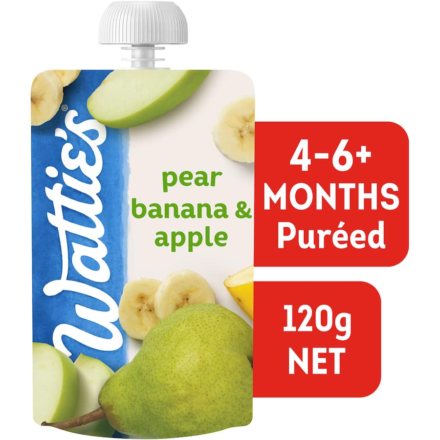 Wattie's Baby Food Pear, Banana & Apple: pure fruit purée for 4-6 month olds, free from preservatives and additives, perfect for on-the-go.