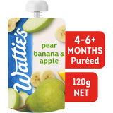 Wattie's Baby Food Pear, Banana & Apple: pure fruit purée for 4-6 month olds, free from preservatives and additives, perfect for on-the-go.