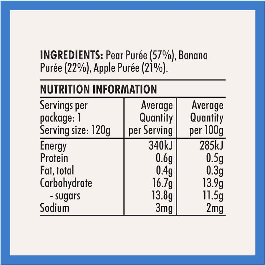 Wattie's Baby Food featuring pure fruit purée of pear, banana, and apple, suitable for babies 4-6+ months, no preservatives.