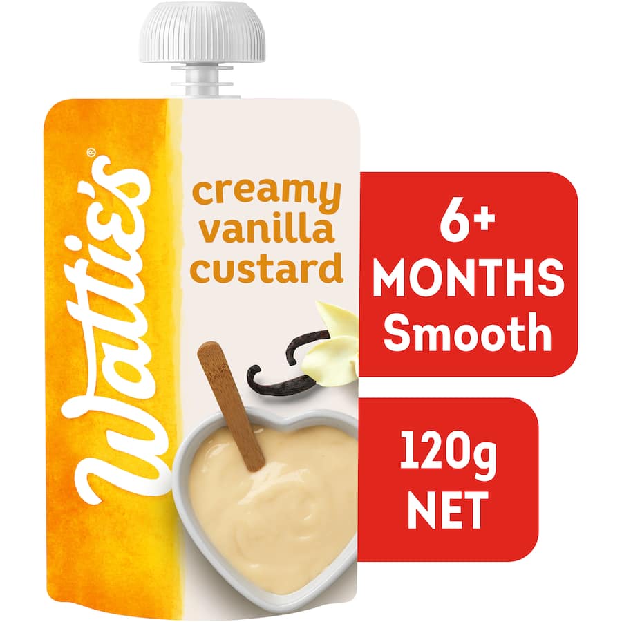 Wattie's Baby Food Creamy Vanilla Custard for 6+ months, smooth texture, no artificial colors/flavors, perfect treat or dessert.