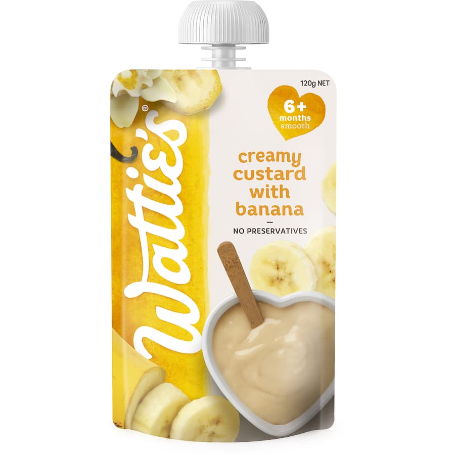 Wattie's creamy custard with bananas, perfect for babies 6+ months, smooth, nutritious, and easy to serve.