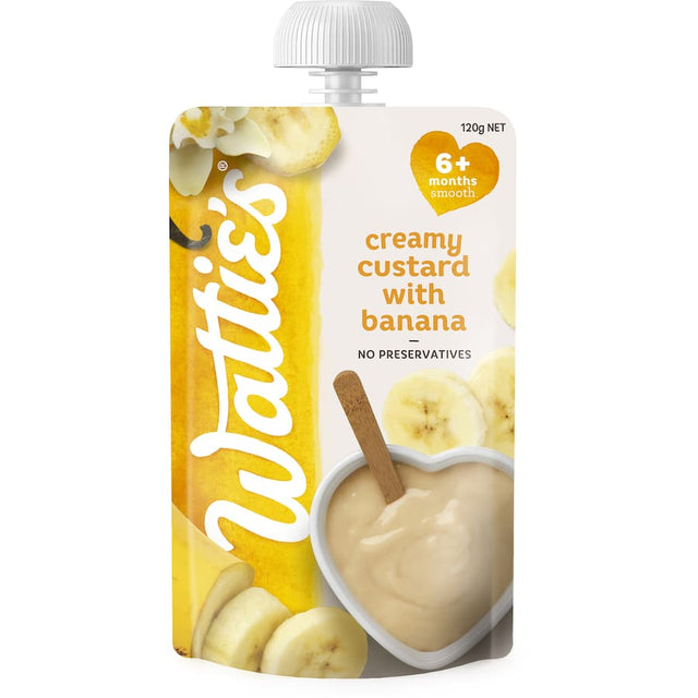 Wattie's creamy custard with bananas, perfect for babies 6+ months, smooth, nutritious, and easy to serve.