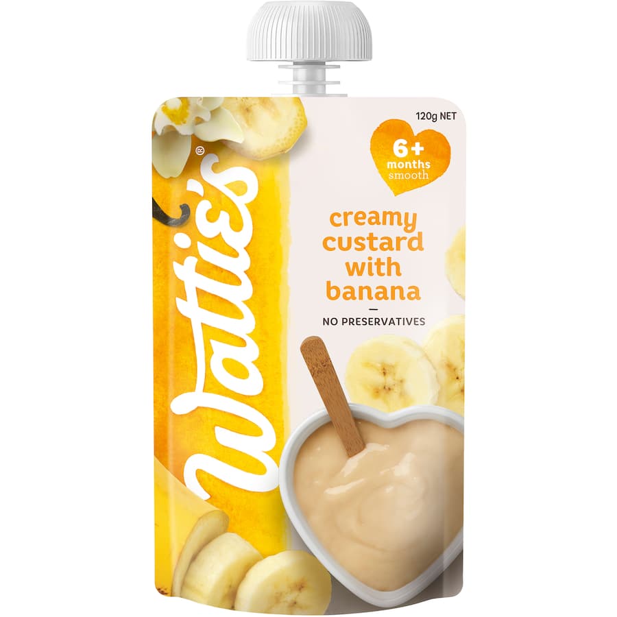 Creamy banana custard for babies 6+ months, nutritious, preservative-free, served cold or warm in convenient pouch.