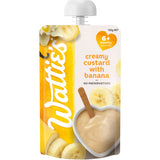 Creamy banana custard for babies 6+ months, nutritious, preservative-free, served cold or warm in convenient pouch.