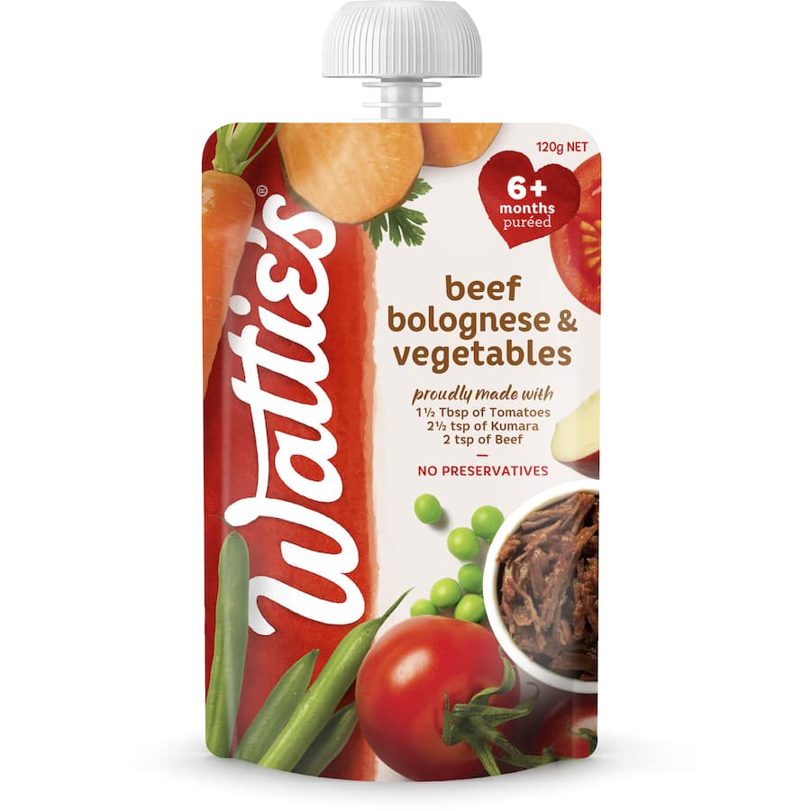 Wattie's Baby Food for 6+ months: nutritious beef bolognese with tomatoes, kumara, and veggies, no preservatives or additives.