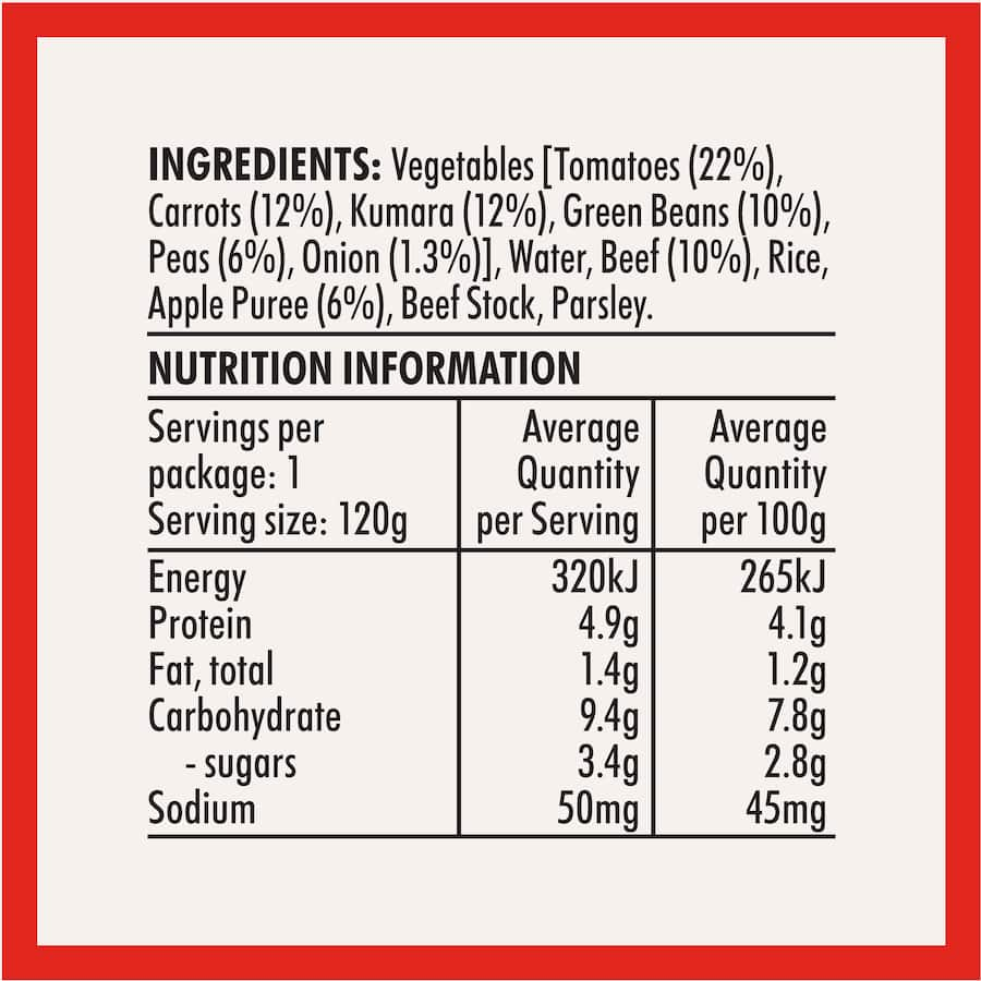 Wattie's Baby Food Beef Bolognese & Veges for 6+ months, made with beef, kumara, and tomatoes, no preservatives or additives.