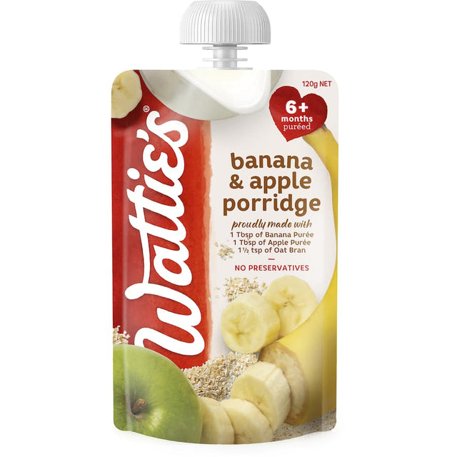 Wattie's Baby Food Banana & Apple Porridge, nutritious and creamy for babies 6+ months, made with pure fruit and no additives.