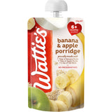 Wattie's Banana & Apple Porridge for babies 6+ months, made with fruit purées and oat bran, no additives or sugars.