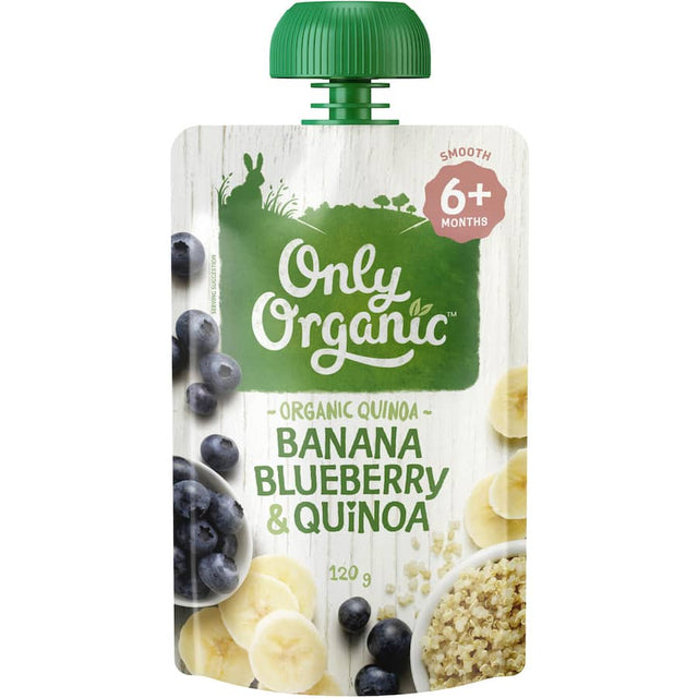 Organic Stage 2 baby food featuring a creamy blend of banana, blueberry, and quinoa for healthy growth and easy feeding.