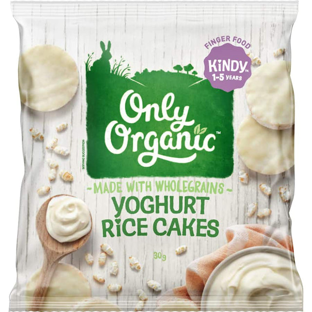 Only Organics Kindy Baby Snacks Yoghurt Rice Cakes, nutritious finger foods topped with creamy organic yoghurt for toddlers.