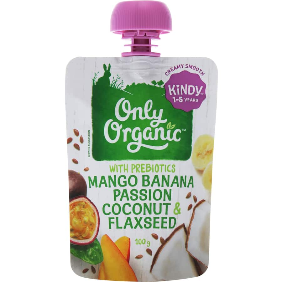 Organic baby food blend of mango, banana, passionfruit, coconut, and flax for healthy growth and brain development.