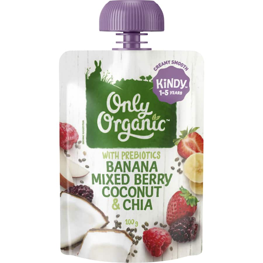 Organic toddler food blend with banana, mixed berries, coconut, and chia seeds for nutritious meals on-the-go.