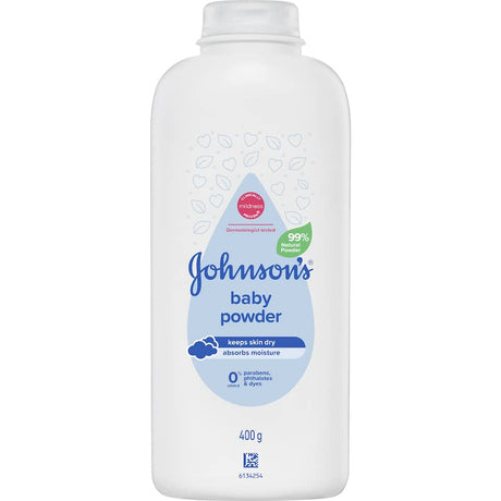 Johnson's Baby Powder 99% Natural, pure cornstarch formula absorbs moisture to keep delicate skin dry and comfortable.