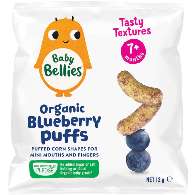 Organic blueberry puffs for babies, designed for easy self-feeding and nutritious snacking, free from allergens and additives.