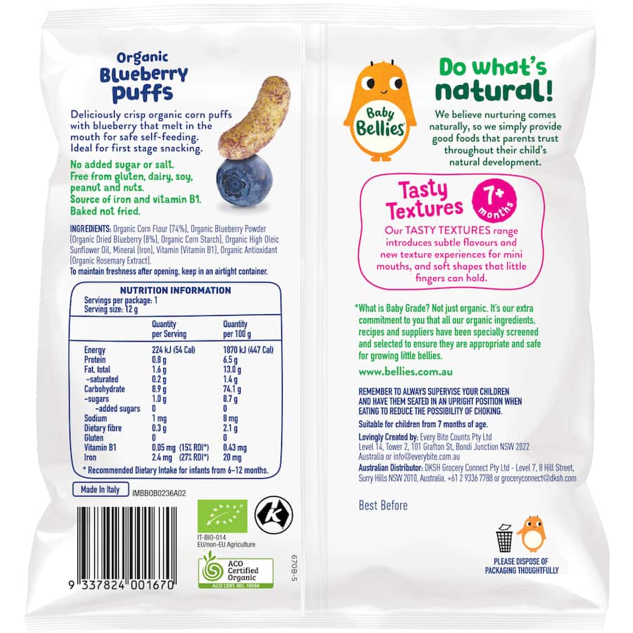Organic blueberry corn puffs for babies, perfect for self-feeding and nutritious snacking, free from allergens and added sugars.