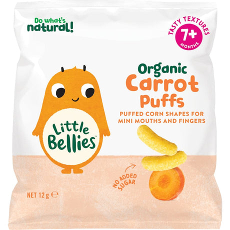 Crisp organic carrot puffs for babies, designed for safe self-feeding and enriched with iron and vitamin B1.