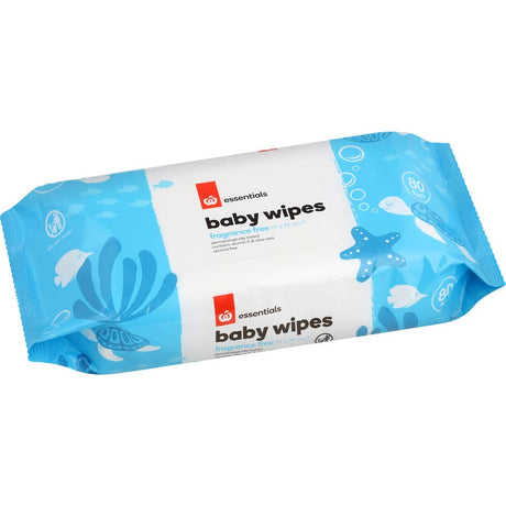 Fragrance-free Essentials Baby Wipes, 80 count, enriched with Vitamin E and Aloe Vera for gentle cleansing of delicate skin.