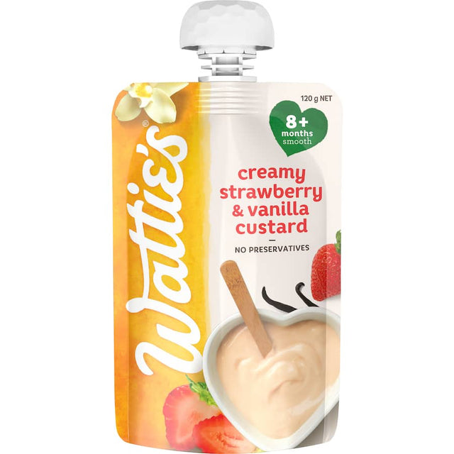 Wattie's Baby Food Strawberry & Vanilla Custard in a pouch, smooth and creamy dessert for babies 8+ months, no preservatives.