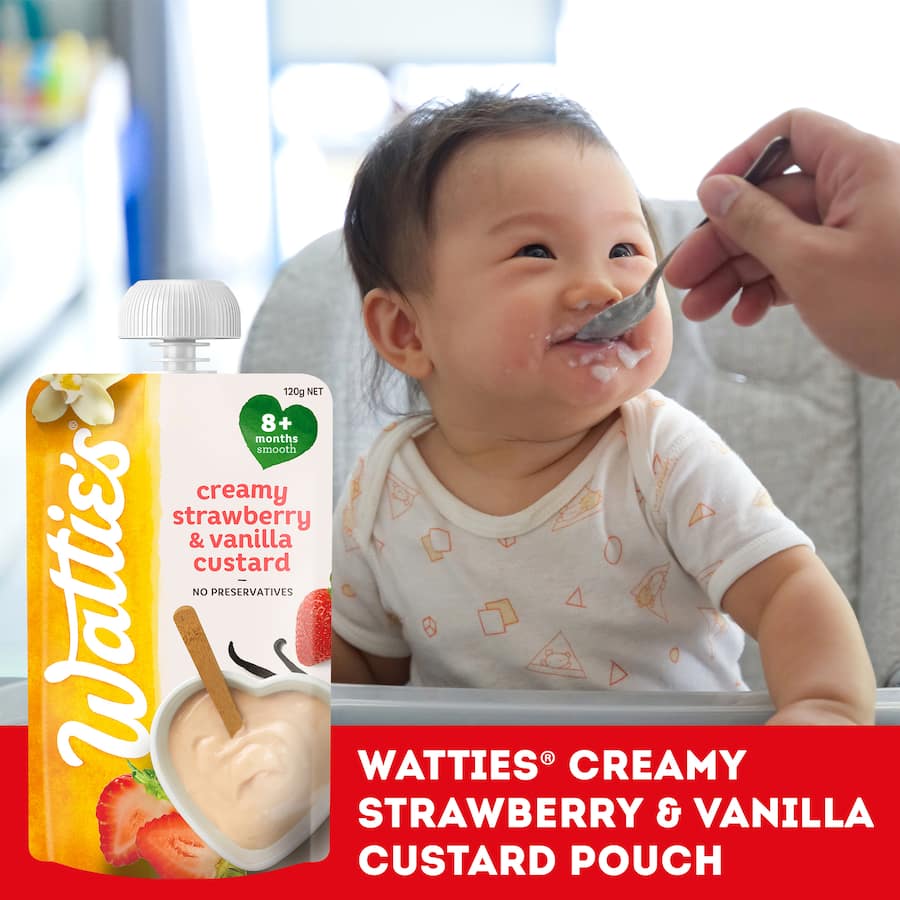 Creamy Wattie's Strawberry & Vanilla Custard, a wholesome dessert for babies 8+ months, free from preservatives and artificial flavors.