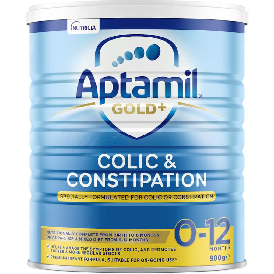 Infant formula designed for colic and constipation relief, ensuring complete nutrition for babies from birth to 12 months.