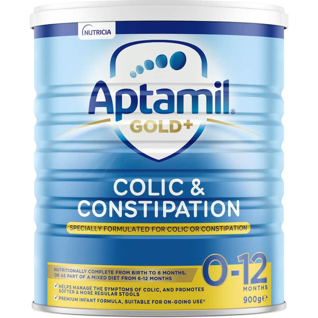 Infant formula designed for colic and constipation relief, ensuring complete nutrition for babies from birth to 12 months.