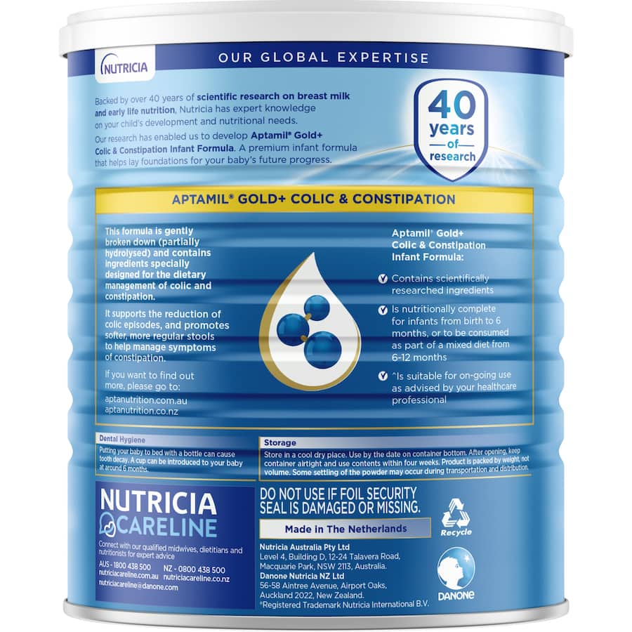 Aptamil Colic & Constipation formula for infants, soothing digestion and promoting softer stools from birth to 12 months.