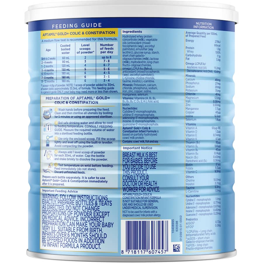 Aptamil Colic & Constipation Infant Formula, designed for babies 0-12 months, easing digestive discomfort and promoting healthy stools.