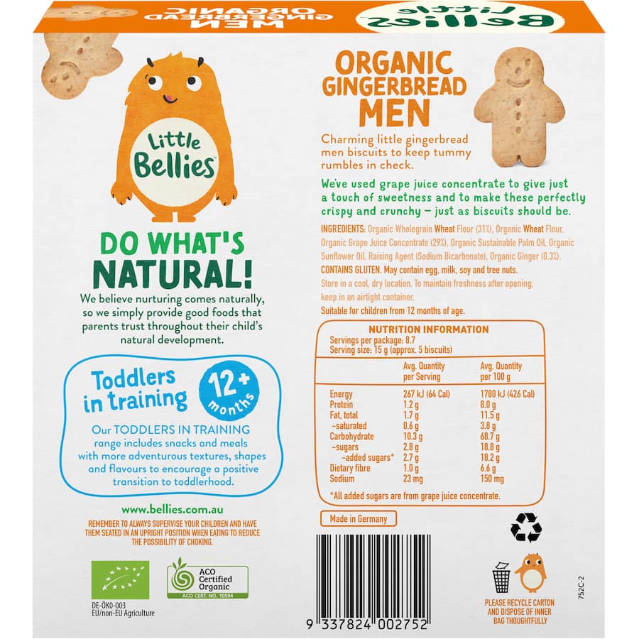 Playful organic gingerbread men biscuits for toddlers, made with grape juice concentrate for a sweet, crunchy snack.