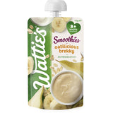 Wattie's Baby Food smoothie for 8+ months, made with banana, pear, oats, and yogurt; no preservatives or added sugars.