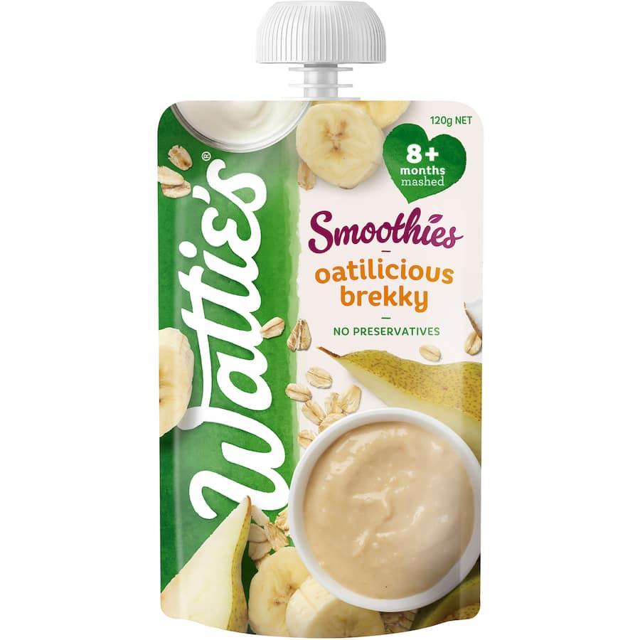 Wattie's Oatilicious Brekky smoothie for babies, blending banana, pear, oats, and yogurt in a convenient pouch.