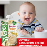 Wattie's Oatilicious Brekky smoothie for babies, featuring banana, pear, oats, and yogurt in a convenient pouch.